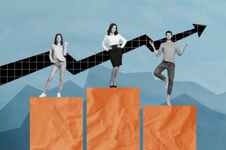 Composite picture illustration collage advert competitive colleagues stock achievement cooperation isolated on blue color backgroundの写真素材