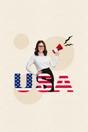 Vertical collage picture of positive elegant girl hold loudspeaker toa usa independence day isolated on creative backgroundの写真素材