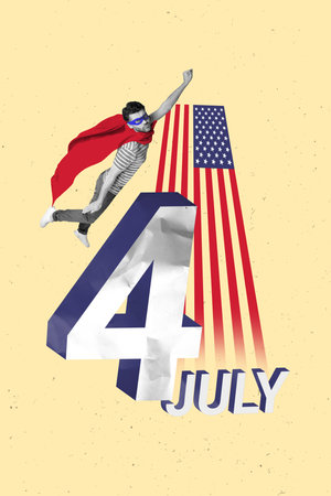 Vertical collage image of black white effect super man flying 4 july american national flag isolated on beige backgroundの写真素材
