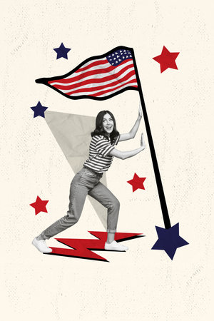 Vertical creative photo artwork collage of beautiful attractive young woman push usa flag on independence day isolated drawing backgroundの写真素材