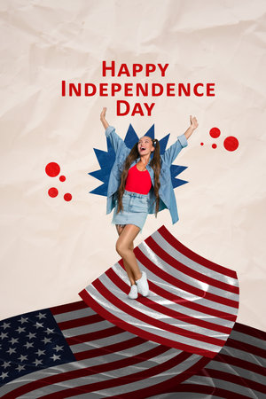 Collage emotional young girl dancing hands up happy national independence usa day promo symbolic decorations isolated on beige backgroundの写真素材