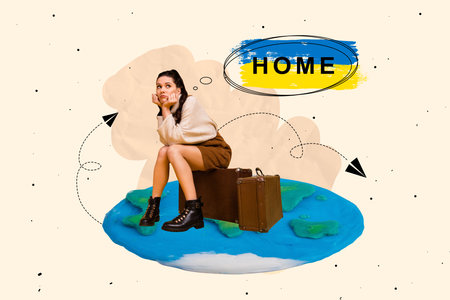 Creative abstract template graphics collage image of dreamy lady thinking returning home isolated pastel colors backgroundの写真素材