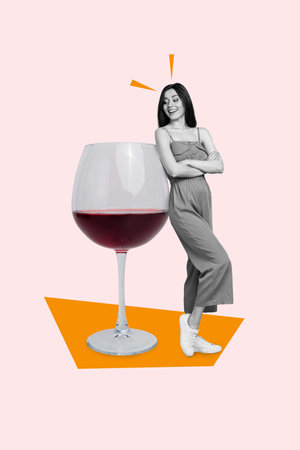 Poster banner collage of excited lady celebrate bachelorette hen party enjoying red merlot wine glassの写真素材