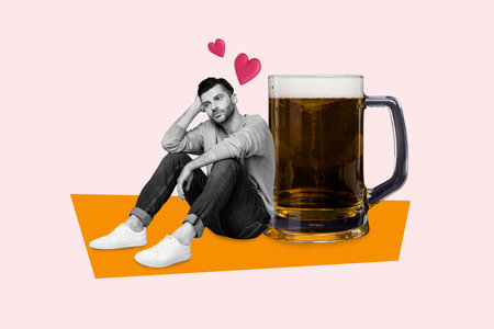 Vertical illustration collage of young depressed man thoughts about his broken heart love drunk beer glass isolated on pink backgroundの写真素材