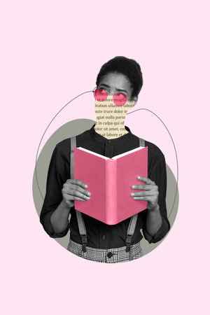 Picture image collage sketch of weird unknown person vanishing face holding open book looking up thinking interesting plotの写真素材