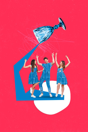 Creative trend collage of funny dancing young people party disco have fun big glass water pouring drink alcohol environment ecology saveの写真素材