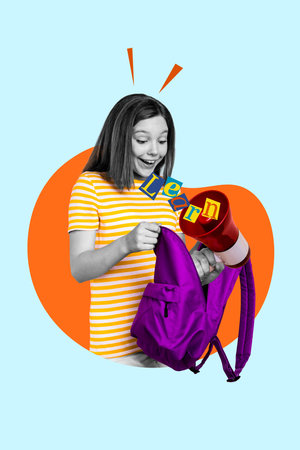 Vertical photo collage 3d artwork of young schoolgirl open her backpack find megaphone announce...