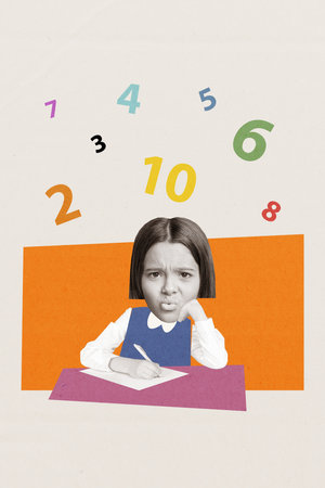 Vertical collage image of unsatisfied black white effect girl big head hold pen write paper math homework numbers isolated on creative backgroundの写真素材