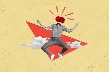 Collage portrait of carefree black white effect girl jump flying clouds demonstrate v-sign flower instead head isolated on beige backgroundの写真素材