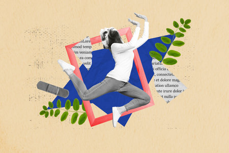 Artwork collage of mini black white colors girl monkey head jump photo frame plant leaves medical patch book page text isolated on beige backgroundの写真素材