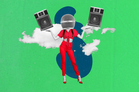 Collage banner advert promo of head microphone loud voice singer listening music columns audio...