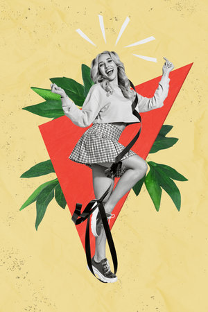 Vertical collage of cheerful funky black white colors girl enjoy dancing partying cassette tape plant leaves isolated on painted beige backgroundの写真素材
