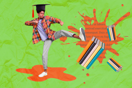 Aggressive collage funny guy wear bachelor headwear kick leg books literature hate education destroy library isolated on green backgroundの写真素材