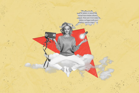 Collage of black white colors girl flying clouds sky meditate arm hold video cassette light bulb book text mind bubble isolated on beige backgroundの写真素材