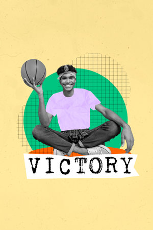 Photo collage picture of cool smiling hipster guy enjoying street basketball isolated graphical backgroundの写真素材