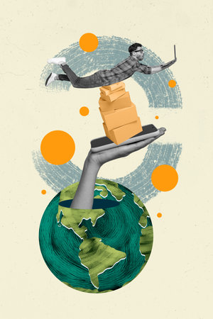 Vertical creative collage image of funny young male making order online hand hold boxes laptop netbook planet earth fast deliveryの写真素材