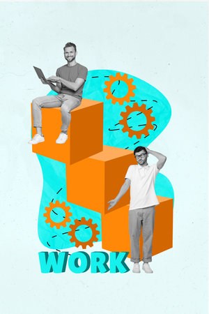 Creative 3d magazine collage image of smiling guys creating modern device application isolated colorful backgroundの写真素材