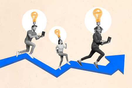 Photo collage picture of purposeful colleagues running achieving success isolated graphical backgroundの写真素材