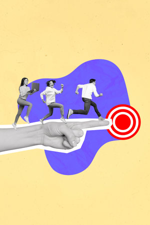 Creative magazine collage image of purposeful workers running achieving aim first isolated beige color backgroundの写真素材