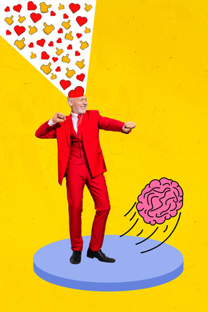 Creative abstract template collage of funny carefree old man red suit kick brain addicted social...