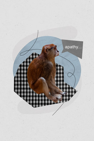 Collage picture artwork sketch of jungle exotic little animal primate bad negative emotion low energy isolated on drawing grey backgroundの写真素材