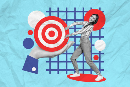 Collage image of big black white effect arm palm hold darts board target mini girl pull isolated on paper blue backgroundの写真素材