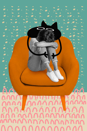 Design illustration collage of alone young girl sitting chair crying tears emotional pressure cat cuddles isolated on green backgroundの写真素材