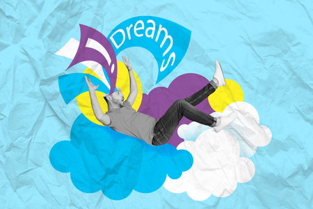 Image poster collage picture of funky crazy man flying dreams clouds isolated on blue painted backgroundの写真素材