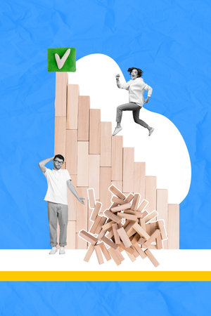 Collage artwork graphics picture of loser guy winner lady running achieving working aim isolated blue color backgroundの写真素材