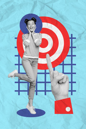 Vertical collage picture of impressed black white colors mini girl big arm point finger darts board target isolated on paper backgroundの写真素材
