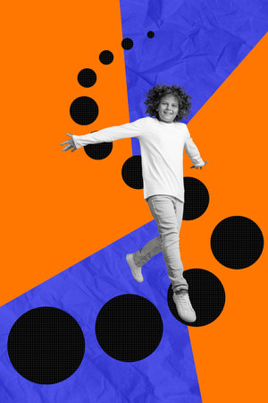Creative illustration collage photo of young teenager boy walking shopping advert promo buy new...