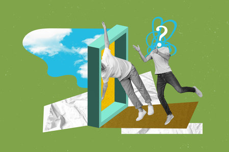 Photo collage picture of headless guy puzzled walking unknown door isolated green color backgroundの写真素材