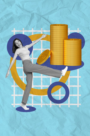 Poster artwork image collage sketch template of positive happy girl millionaire work earn money isolated on blue color backgroundの写真素材