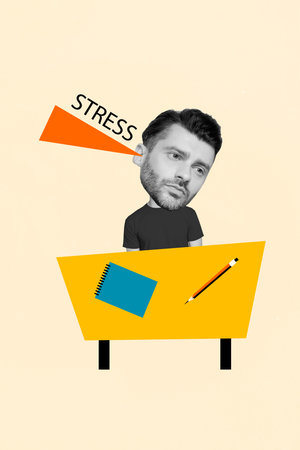 Picture sketch collage image of depressed unhappy guy tired of studying subjects isolated beige color backgroundの写真素材