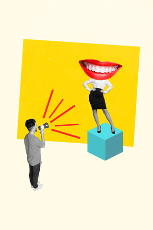 Photo cartoon comics sketch collage picture of guide guy leading excursion looking smile head lady isolated creative backgroundの写真素材