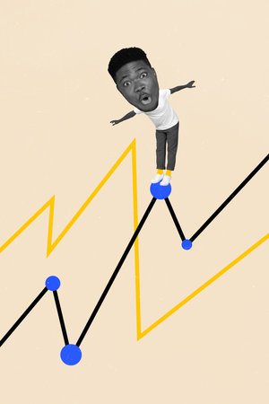 Collage minimal picture of impressed funky guy walking growing graphs isolated beige color...