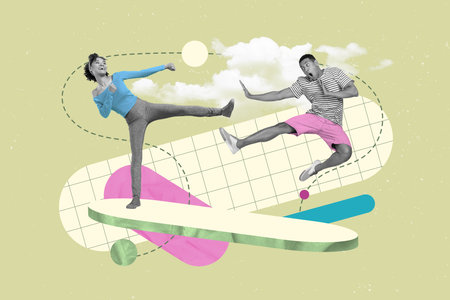 Collage portrait of two black white colors people jumping leg kick punch fight each other isolated on painted backgroundの写真素材