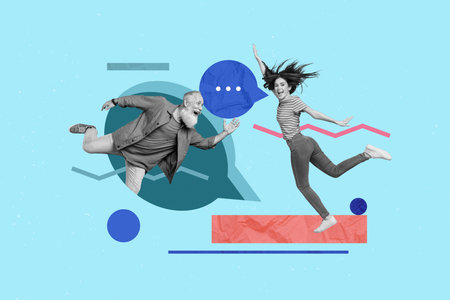 Collage picture of two black white colors excited people running dialogue bubble communicate...