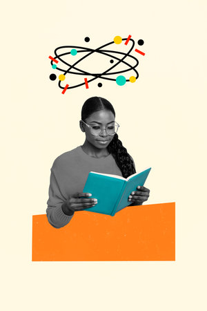 Picture poster banner artwork collage sketch picture of diligent girl read interesting story isolated on white color backgroundの写真素材