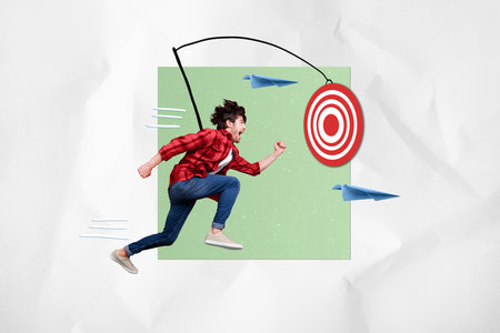 Exclusive magazine picture sketch collage image of excited guy running achieving success isolated...