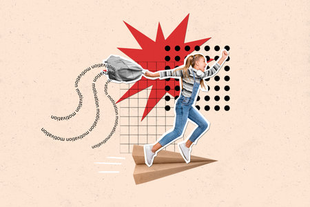 Artwork collage image of excited girl hold rucksack flying huge paper plane motivation isolated on...