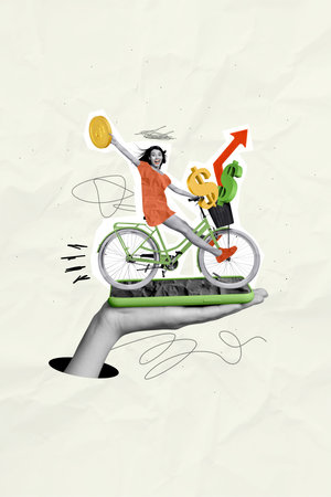 Vertical collage of black white effect arm through hold smart phone display mini girl ride bicycle hold money coin growing arrow upwardsの写真素材