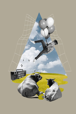 Poster collage of funny little kid spend summer holiday in grandmother farm pasture cows have fun flying balloon boom box discothequeの写真素材
