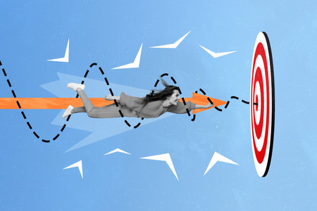 Poster picture artwork sketch 3d collage funky crazy girl flying aiming center of dartboard isolated...