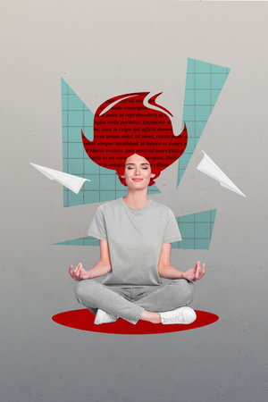 Sketch collage image of dreamy lady practicing yoga getting new science knowledge isolated creative backgroundの写真素材