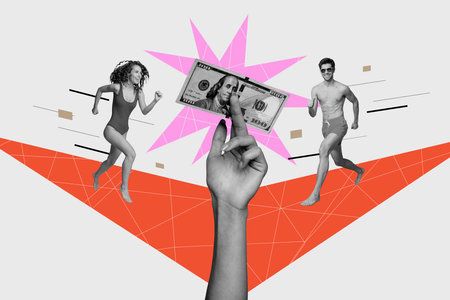 Creative collage picture of two black white colors mini people rush big arm hold dollar banknote...