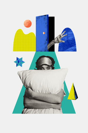 Vertical composite collage artwork photo of scared horrified girl cuddling pillow watch dream horror isolated creative colorful backgroundの写真素材