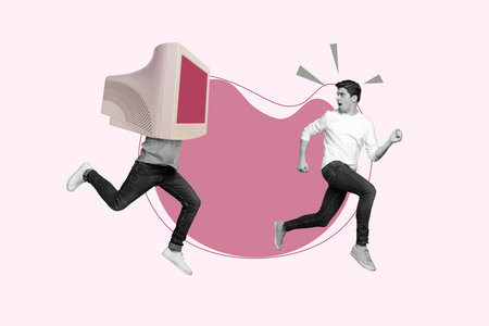 Creative surreal template collage of two business people running away from person with personal computer face escape office routineの写真素材