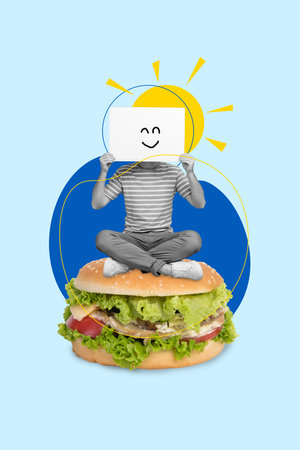 Poster 3d collage picture banner of funky person sitting big size meat burger demonstrate paper sheet call refuse unhealthy foodの写真素材