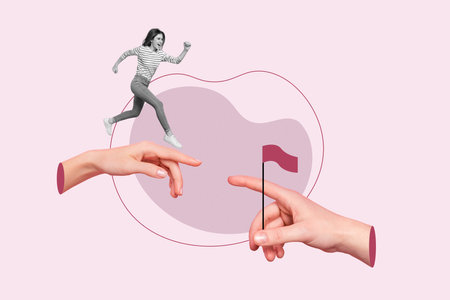 Poster banner creative collage of persistent purposeful lady running fast on hand people fingers...